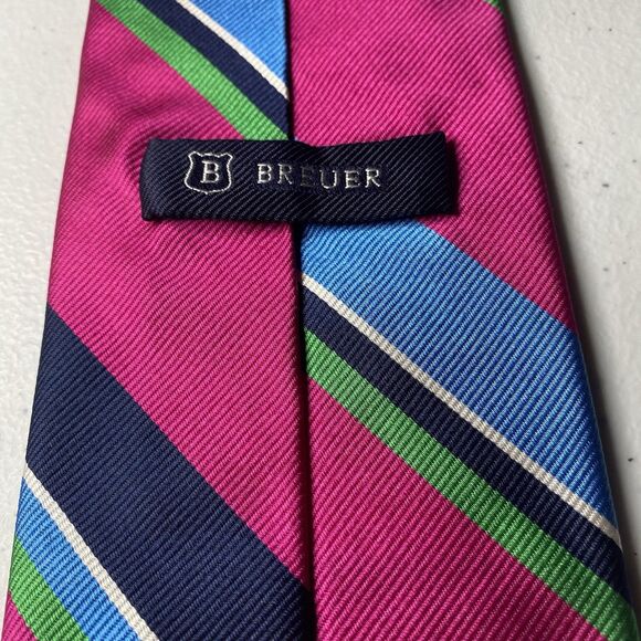 BREUER Men's Silk Necktie ITALY Hand Made Designer STRIPED Pink/Blue/Green EUC - Picture 3 of 8